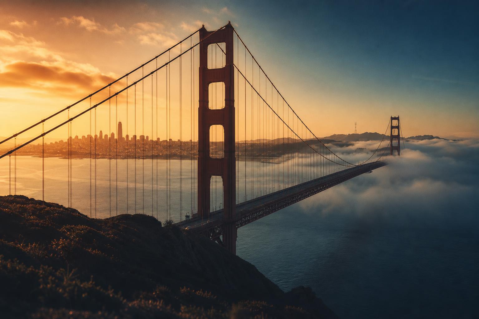 Golden Gate Bridge at golden hour with fog rolling across the bay